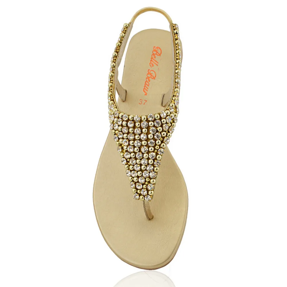 LAUREN DIAMANTE EMBELLISHED TOE POST STRAPPY SLINGBACK SPARKLY FLAT SUMMER SANDALS IN GOLD