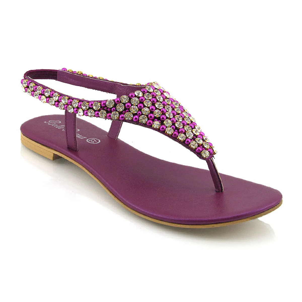 LAUREN DIAMANTE EMBELLISHED TOE POST STRAPPY SLINGBACK SPARKLY FLAT SUMMER SANDALS IN PURPLE