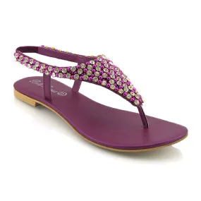LAUREN DIAMANTE EMBELLISHED TOE POST STRAPPY SLINGBACK SPARKLY FLAT SUMMER SANDALS IN PURPLE