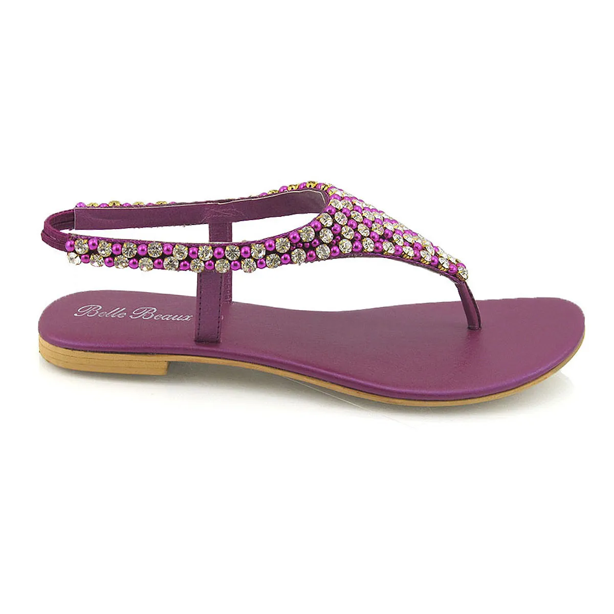 LAUREN DIAMANTE EMBELLISHED TOE POST STRAPPY SLINGBACK SPARKLY FLAT SUMMER SANDALS IN PURPLE