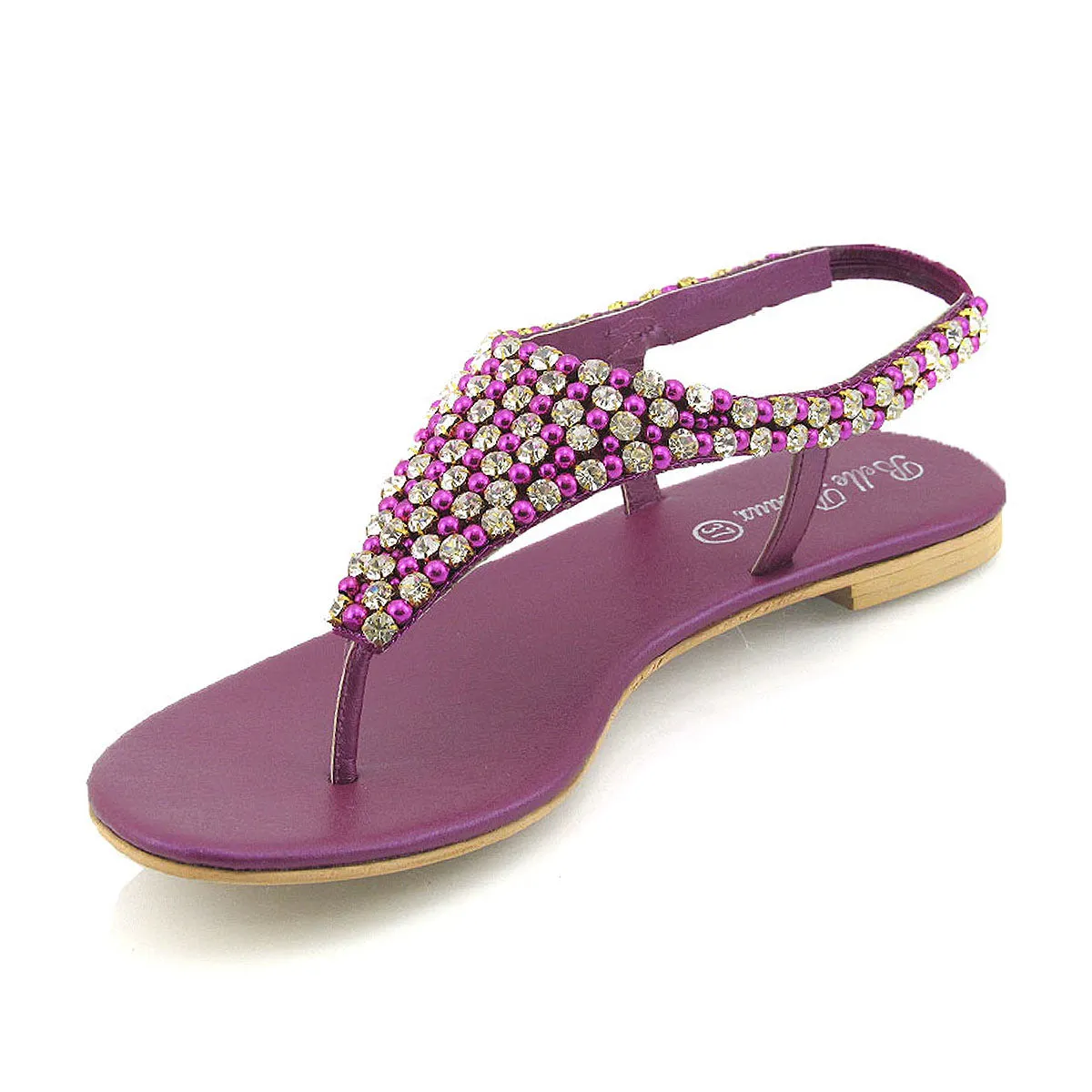 LAUREN DIAMANTE EMBELLISHED TOE POST STRAPPY SLINGBACK SPARKLY FLAT SUMMER SANDALS IN PURPLE
