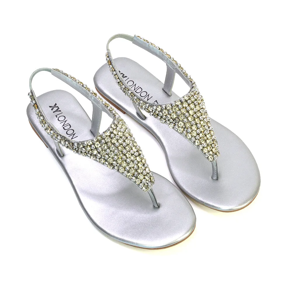 LAUREN DIAMANTE EMBELLISHED TOE POST STRAPPY SLINGBACK SPARKLY FLAT SUMMER SANDALS IN SILVER