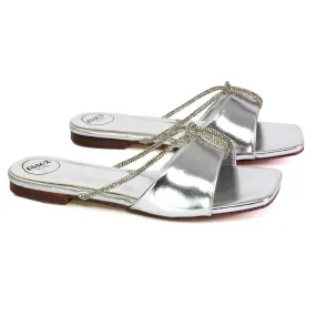 Leah Diamante Flat Sandals Square Toe Slip on Slider Mule Shoes in Silver