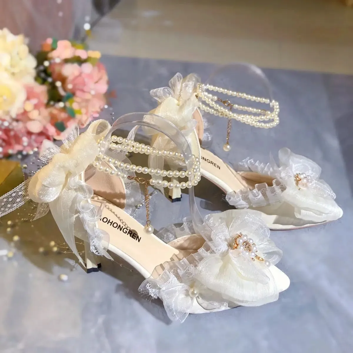 MQTIME  -  Elegant Womens Dress Shoes White Lolita Mary Jane Shoes Woman 2024 Luxury Designer Pearl Lolita Sandals Sling Back Heels Women