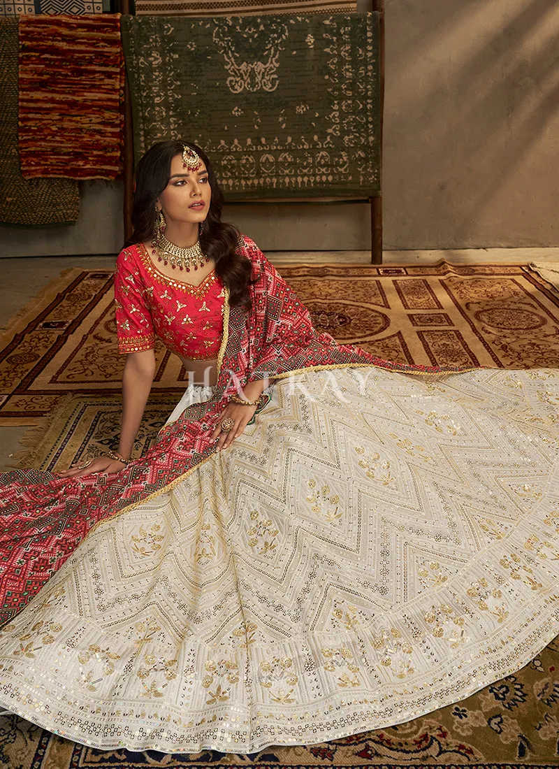Off White And Red Embroidery Traditional Georgette Lehenga Choli