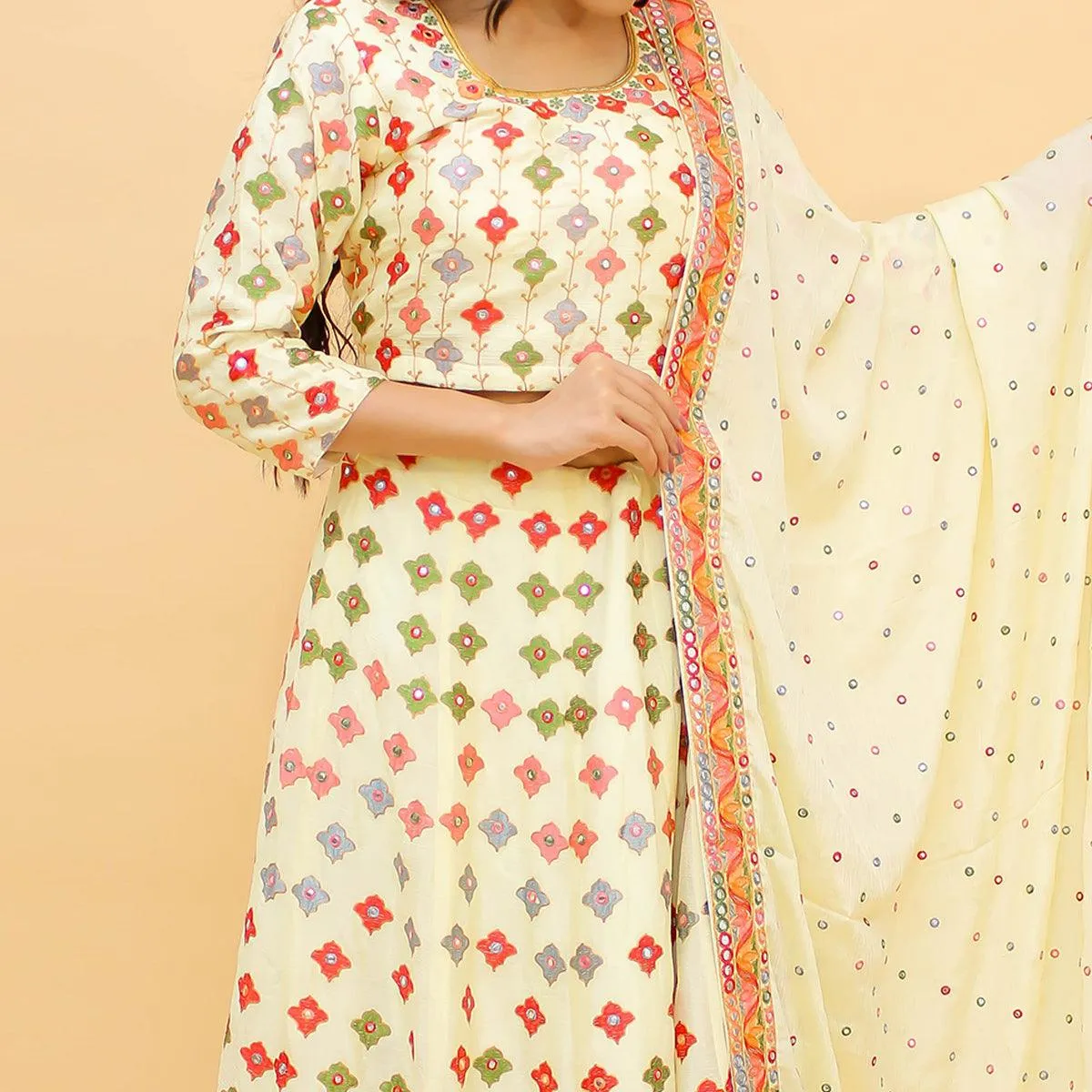 Off-White Embroidered With Embellished Chiffon Lehenga Choli