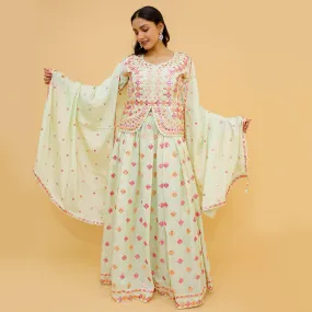 Off-White Embroidered With Embellished Chiffon Lehenga Kameez