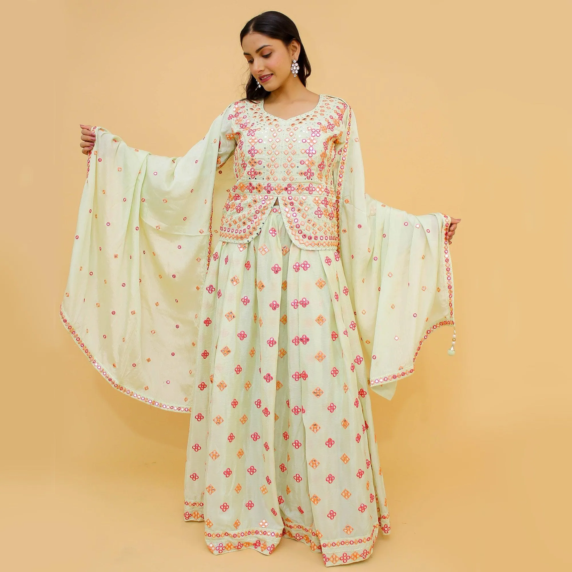 Off-White Embroidered With Embellished Chiffon Lehenga Kameez