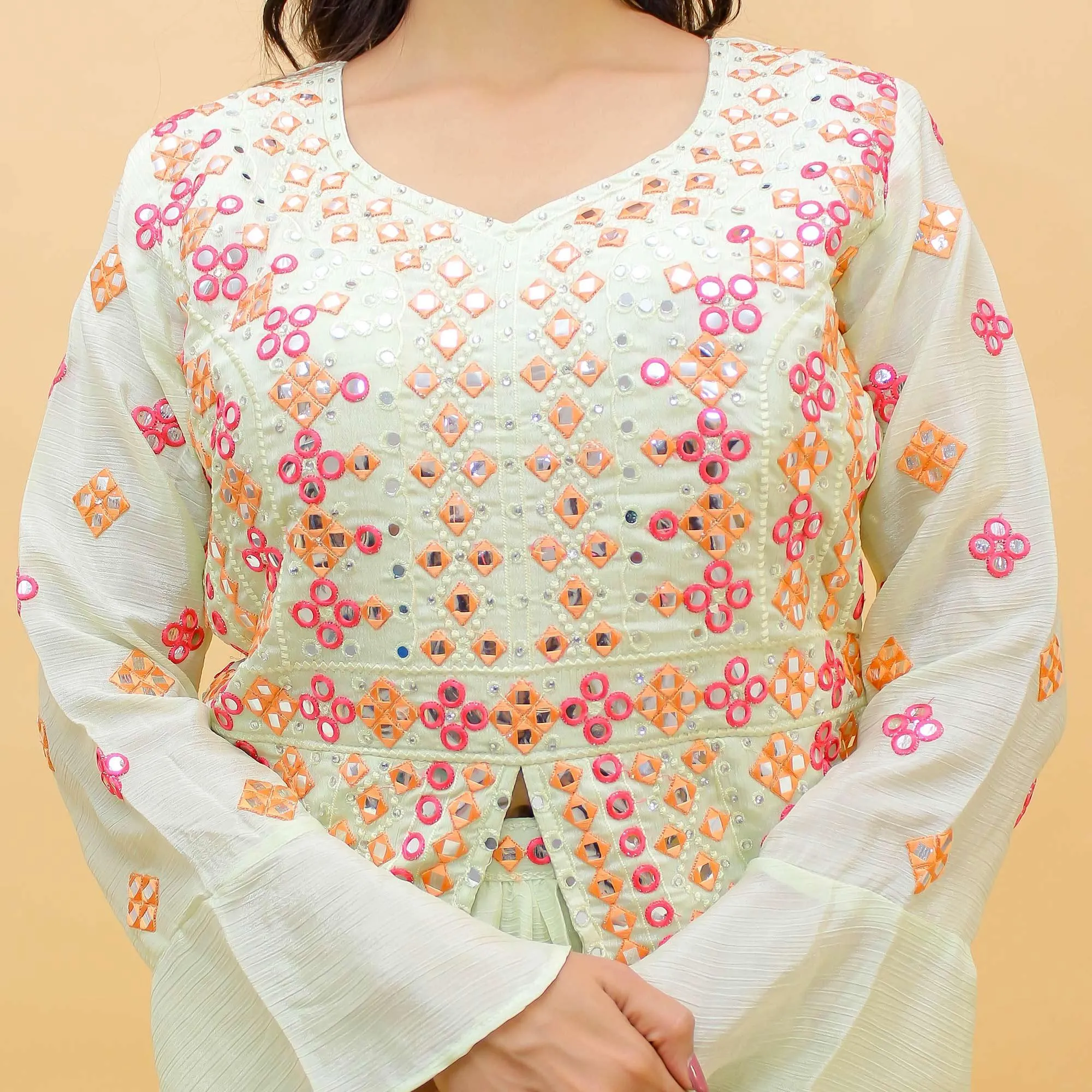 Off-White Embroidered With Embellished Chiffon Lehenga Kameez