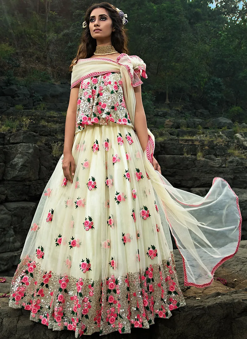 Off White Multi Floral Designer Embroidery Wedding Lehenga Choli