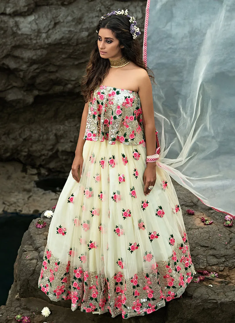 Off White Multi Floral Designer Embroidery Wedding Lehenga Choli