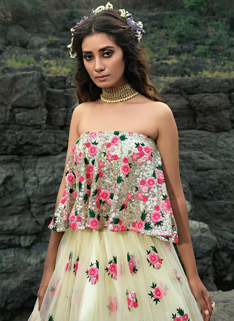 Off White Multi Floral Designer Embroidery Wedding Lehenga Choli
