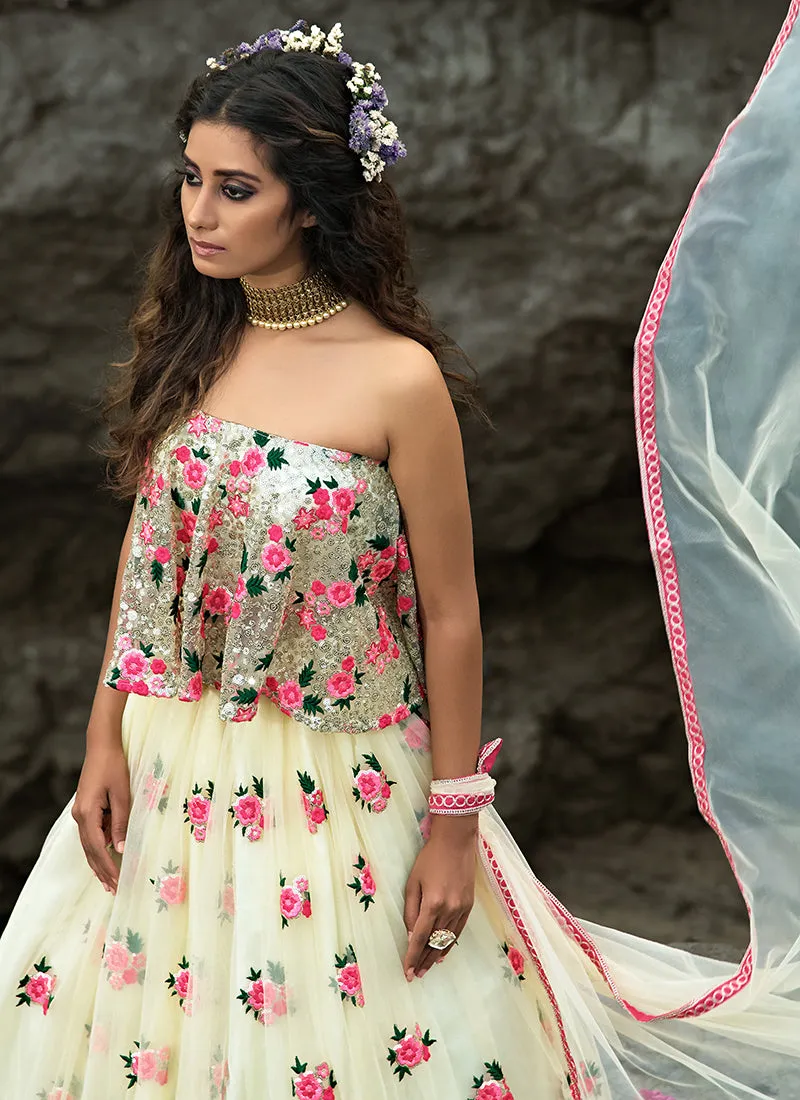 Off White Multi Floral Designer Embroidery Wedding Lehenga Choli