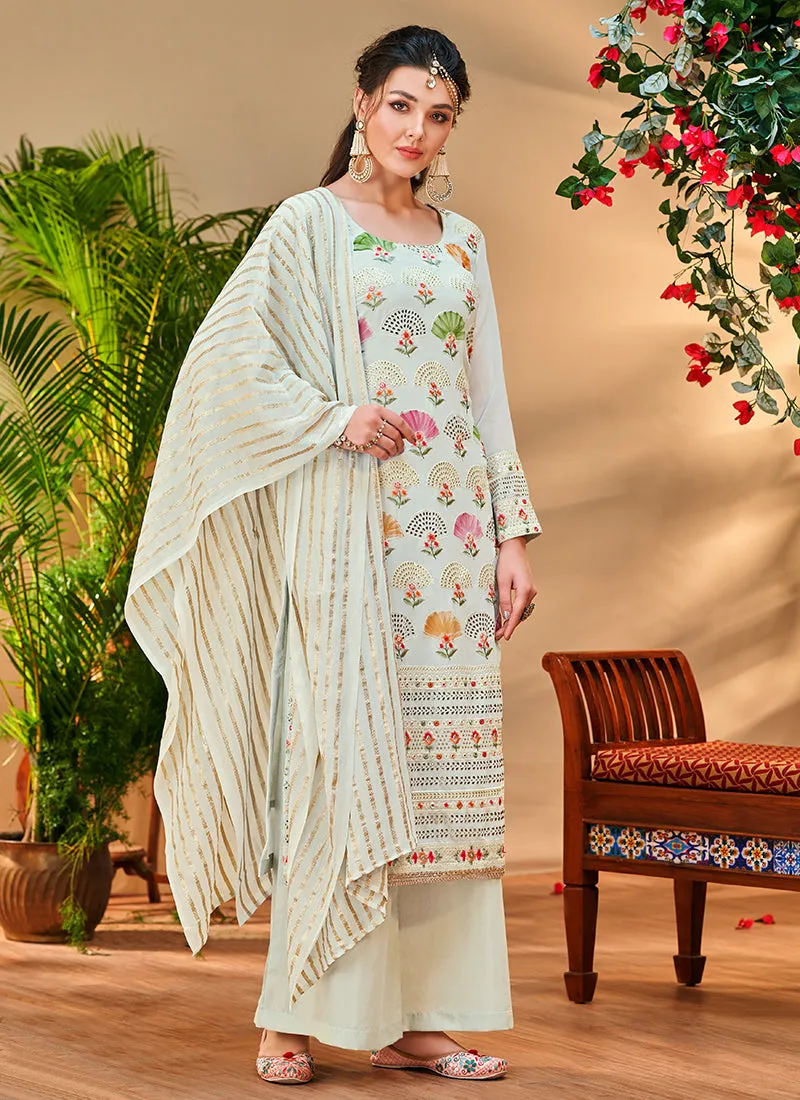 Off White Multi Floral Embroidery Palazzo Style Suit