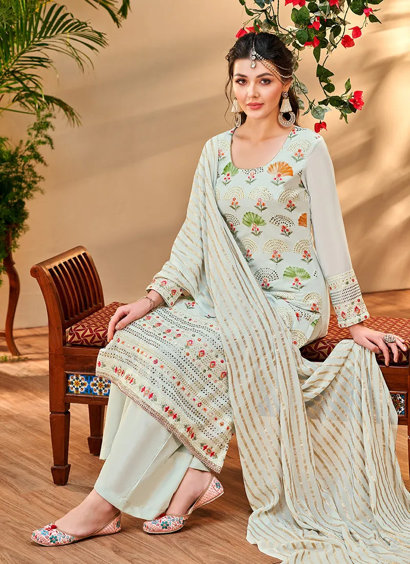Off White Multi Floral Embroidery Palazzo Style Suit