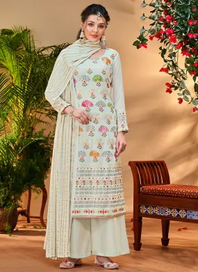 Off White Multi Floral Embroidery Palazzo Style Suit
