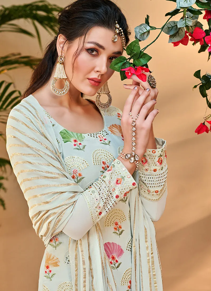Off White Multi Floral Embroidery Palazzo Style Suit