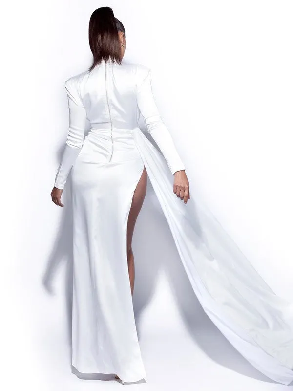 OLIVINE CUTOUT HIGH SLIT SATIN GOWN - WHITE