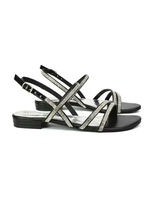 Orla Buckle Strappy Summer Sparkly Flat Diamante Sandals Bridal Flats in Black