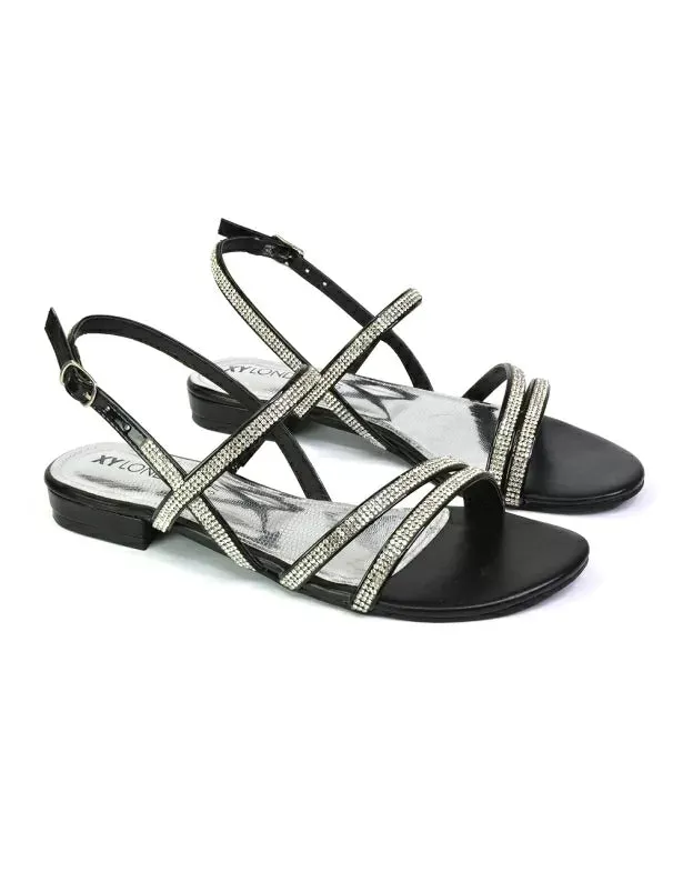 Orla Buckle Strappy Summer Sparkly Flat Diamante Sandals Bridal Flats in Black
