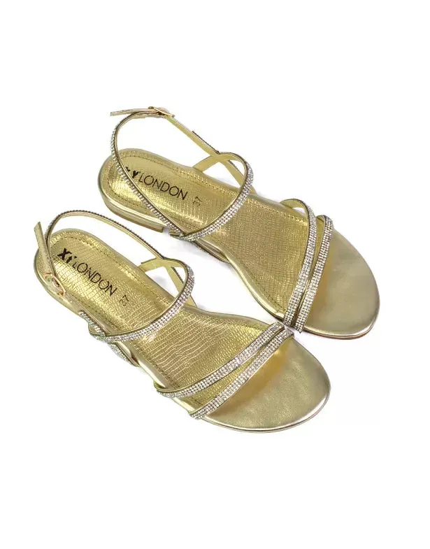 Orla Buckle Strappy Summer Sparkly Flat Diamante Sandals Bridal Flats in Black