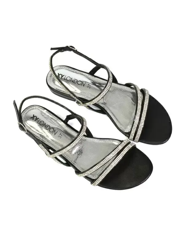 Orla Buckle Strappy Summer Sparkly Flat Diamante Sandals Bridal Flats in Black
