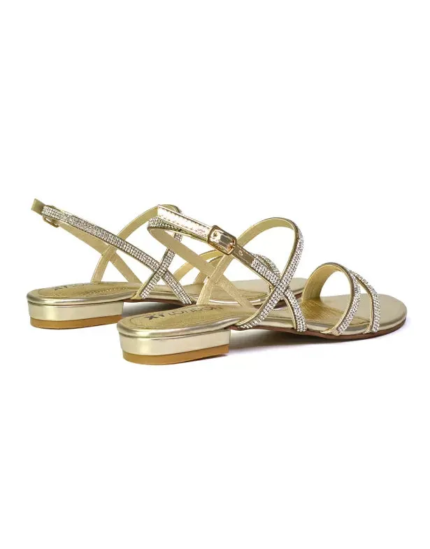 Orla Buckle Strappy Summer Sparkly Flat Diamante Sandals Bridal Flats in Gold
