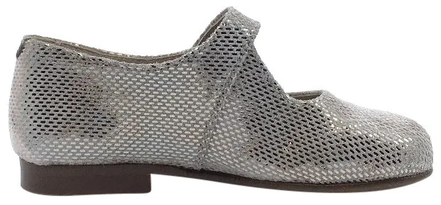 Papanatas by Eli Girl's Taupe Metallic Printed Suede Button Closure Strap Mary Jane Flats