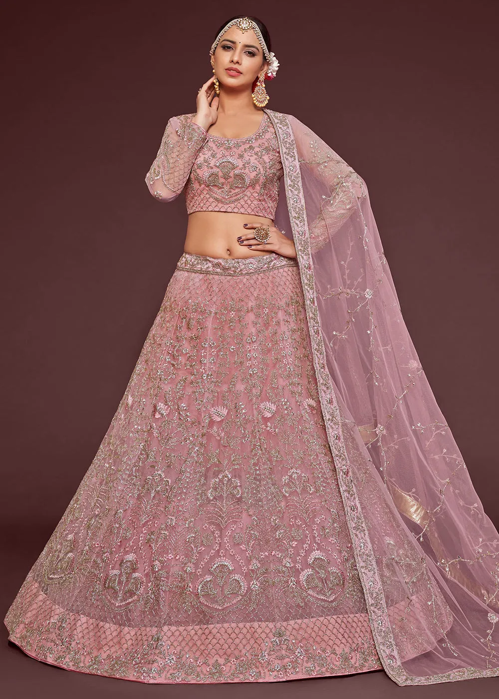 Pearl Pink Embroidered Soft Net Wedding Lehenga Choli