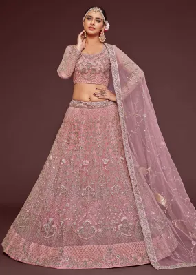 Pearl Pink Embroidered Soft Net Wedding Lehenga Choli