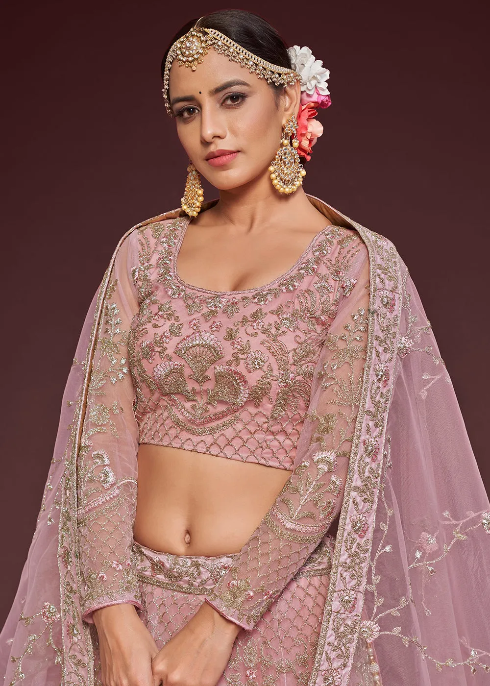 Pearl Pink Embroidered Soft Net Wedding Lehenga Choli