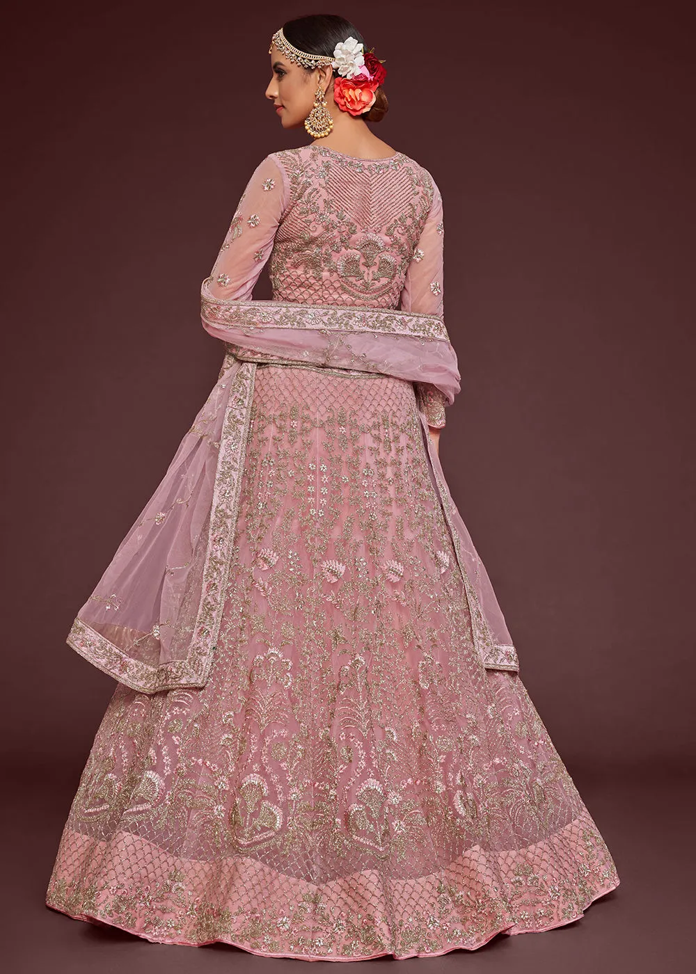 Pearl Pink Embroidered Soft Net Wedding Lehenga Choli