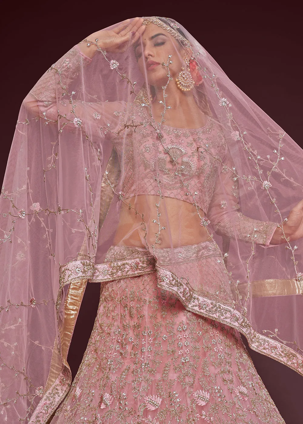 Pearl Pink Embroidered Soft Net Wedding Lehenga Choli