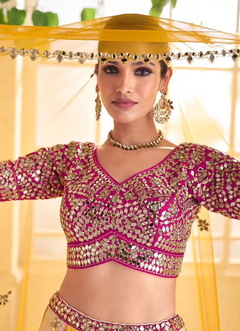 Pink And Off White Mirror Work Embroidery Lehenga Choli