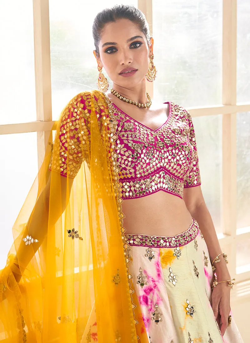 Pink And Off White Mirror Work Embroidery Lehenga Choli