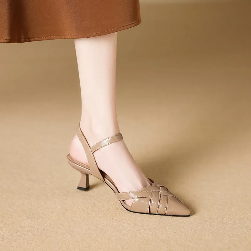 Point Toe Genuine Leather Slingback Stiletto Sandals in White/Golden/Apricot