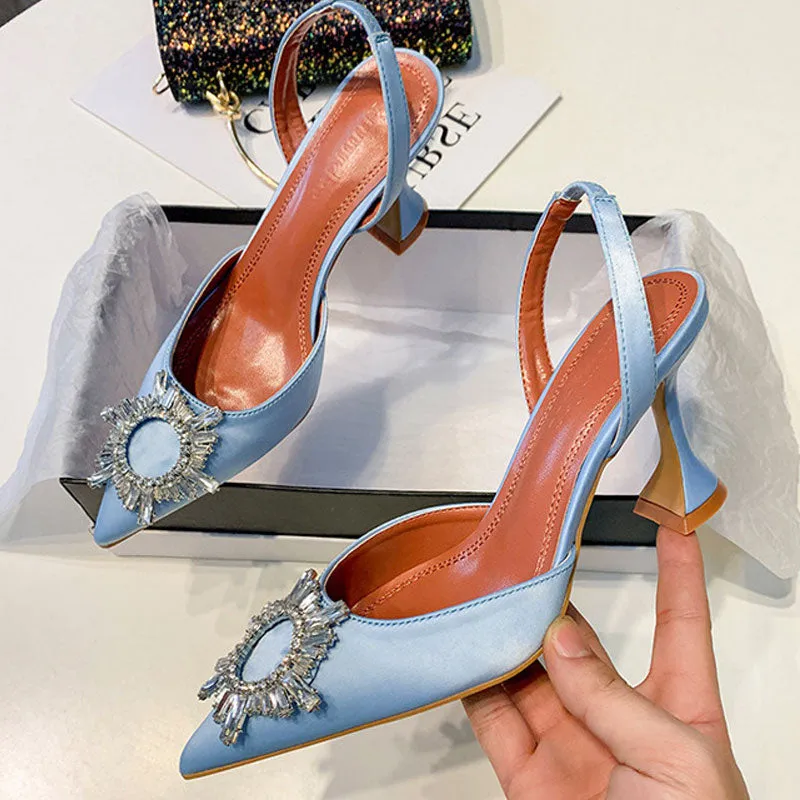Purpdrank - Big Size 41 42 Blue Women Pumps Silk Satin Pointy Toe Rhinestone Crystal High Heels Shoes Slip On Women Wedding Pumps Sandal