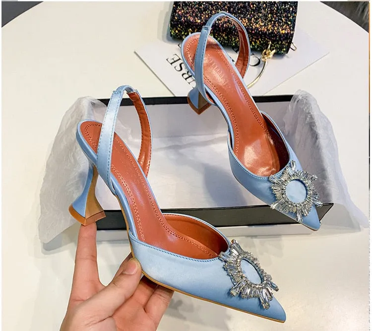 Purpdrank - Big Size 41 42 Blue Women Pumps Silk Satin Pointy Toe Rhinestone Crystal High Heels Shoes Slip On Women Wedding Pumps Sandal