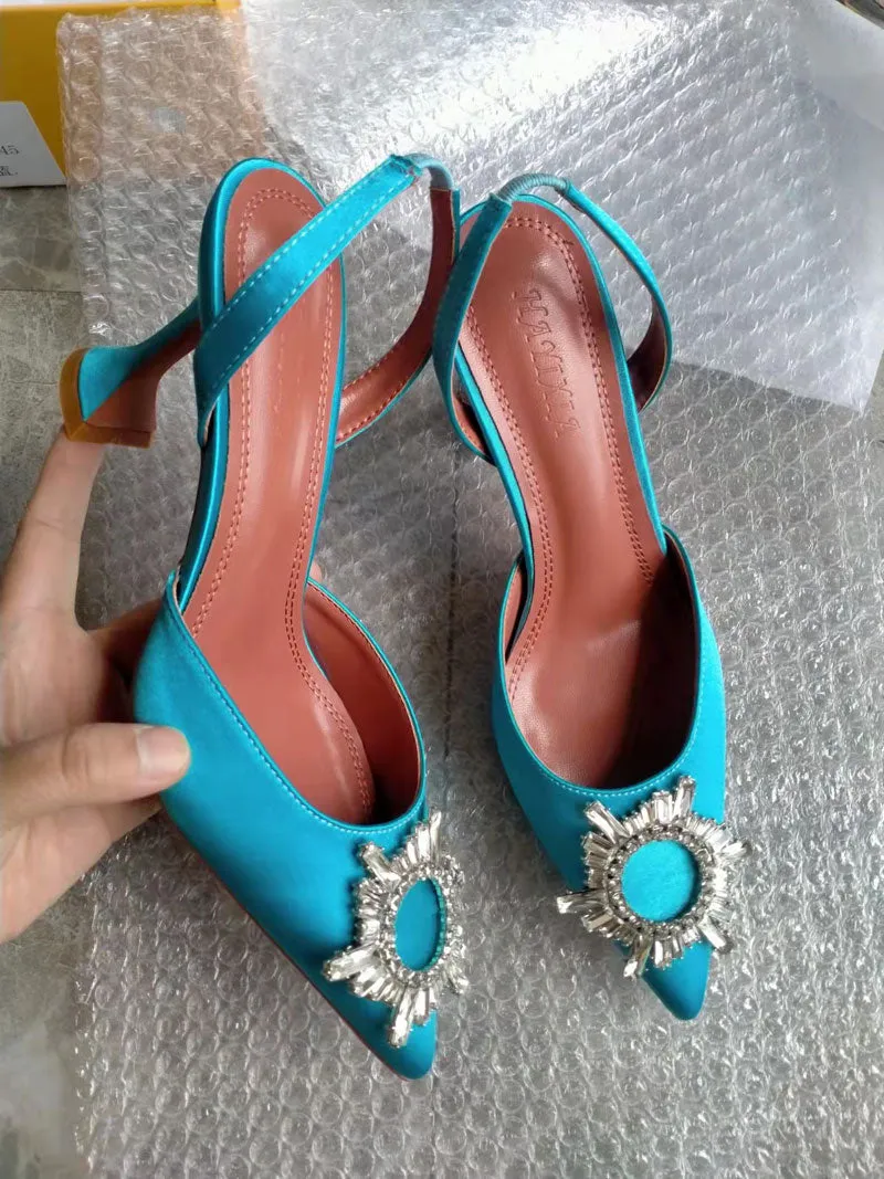 Purpdrank - Big Size 41 42 Blue Women Pumps Silk Satin Pointy Toe Rhinestone Crystal High Heels Shoes Slip On Women Wedding Pumps Sandal