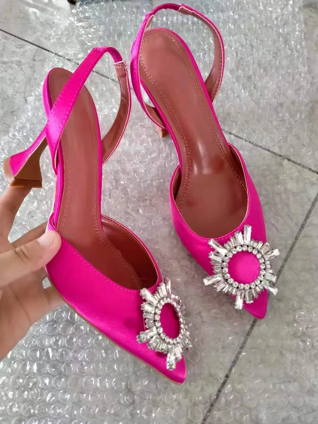 Purpdrank - Big Size 41 42 Blue Women Pumps Silk Satin Pointy Toe Rhinestone Crystal High Heels Shoes Slip On Women Wedding Pumps Sandal