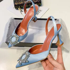 Purpdrank - Big Size 41 42 Blue Women Pumps Silk Satin Pointy Toe Rhinestone Crystal High Heels Shoes Slip On Women Wedding Pumps Sandal