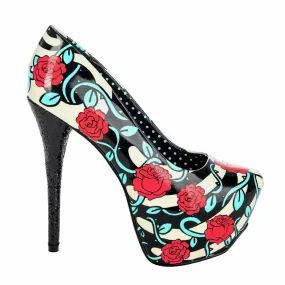 Red Rose & Vines Black White Striped Glitter Mega Heels