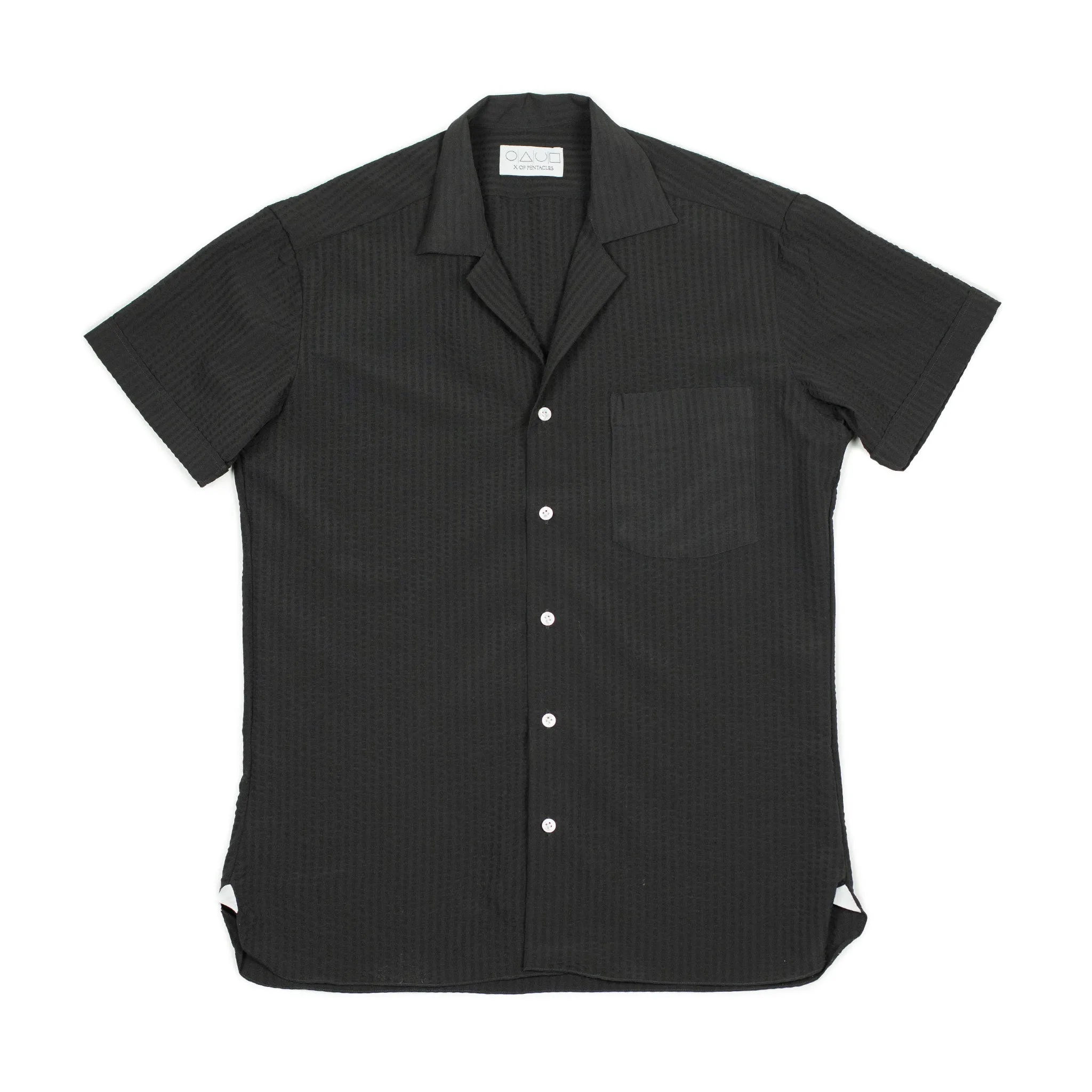 Resort camp shirt in black tropical wool seersucker