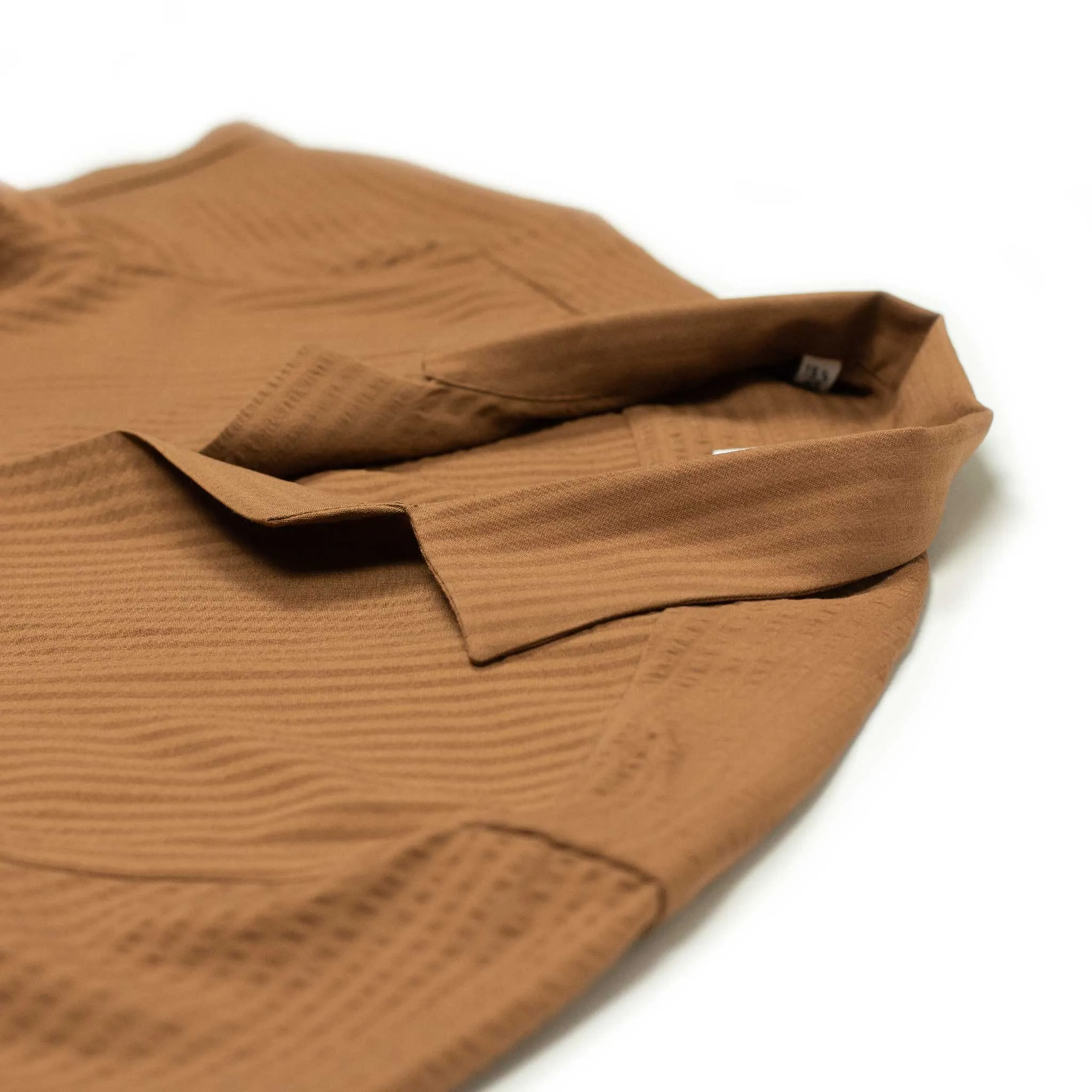 Resort camp shirt in tobacco tropical wool seersucker
