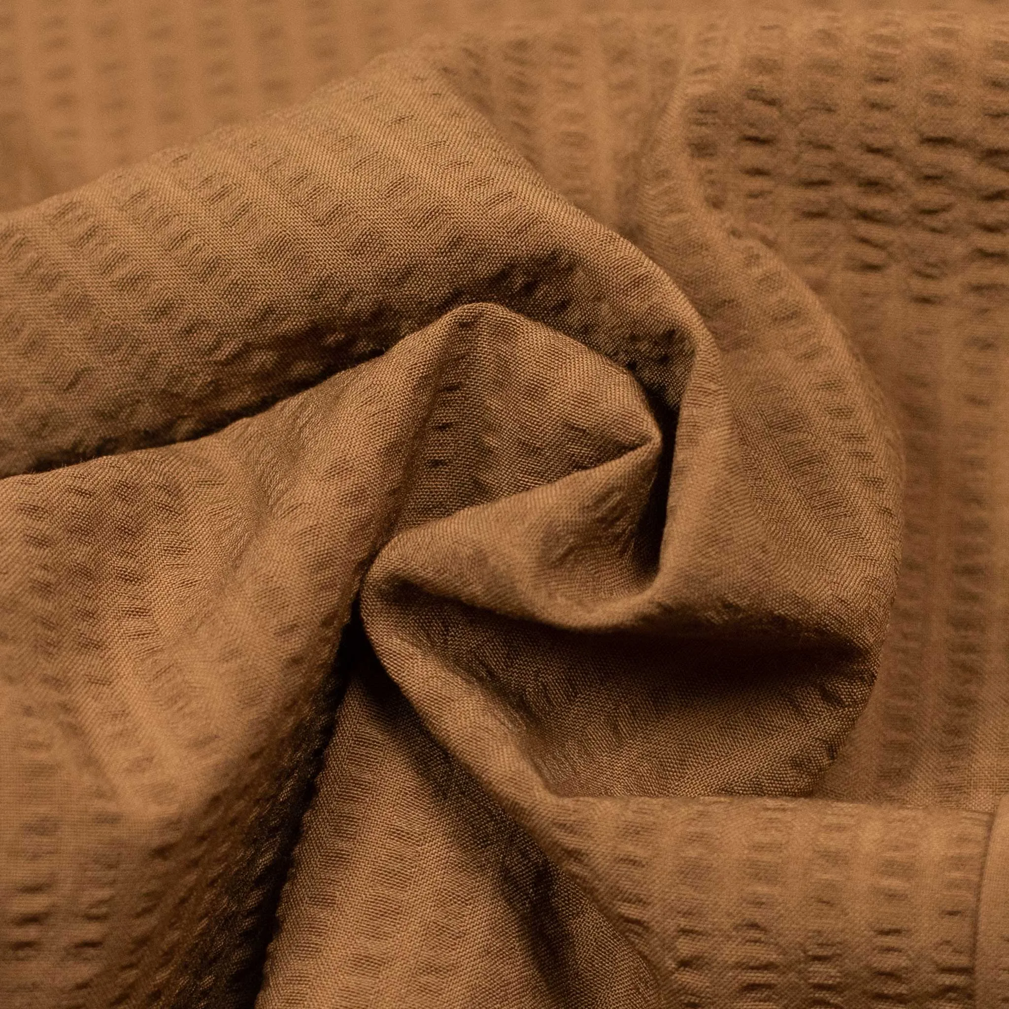 Resort camp shirt in tobacco tropical wool seersucker