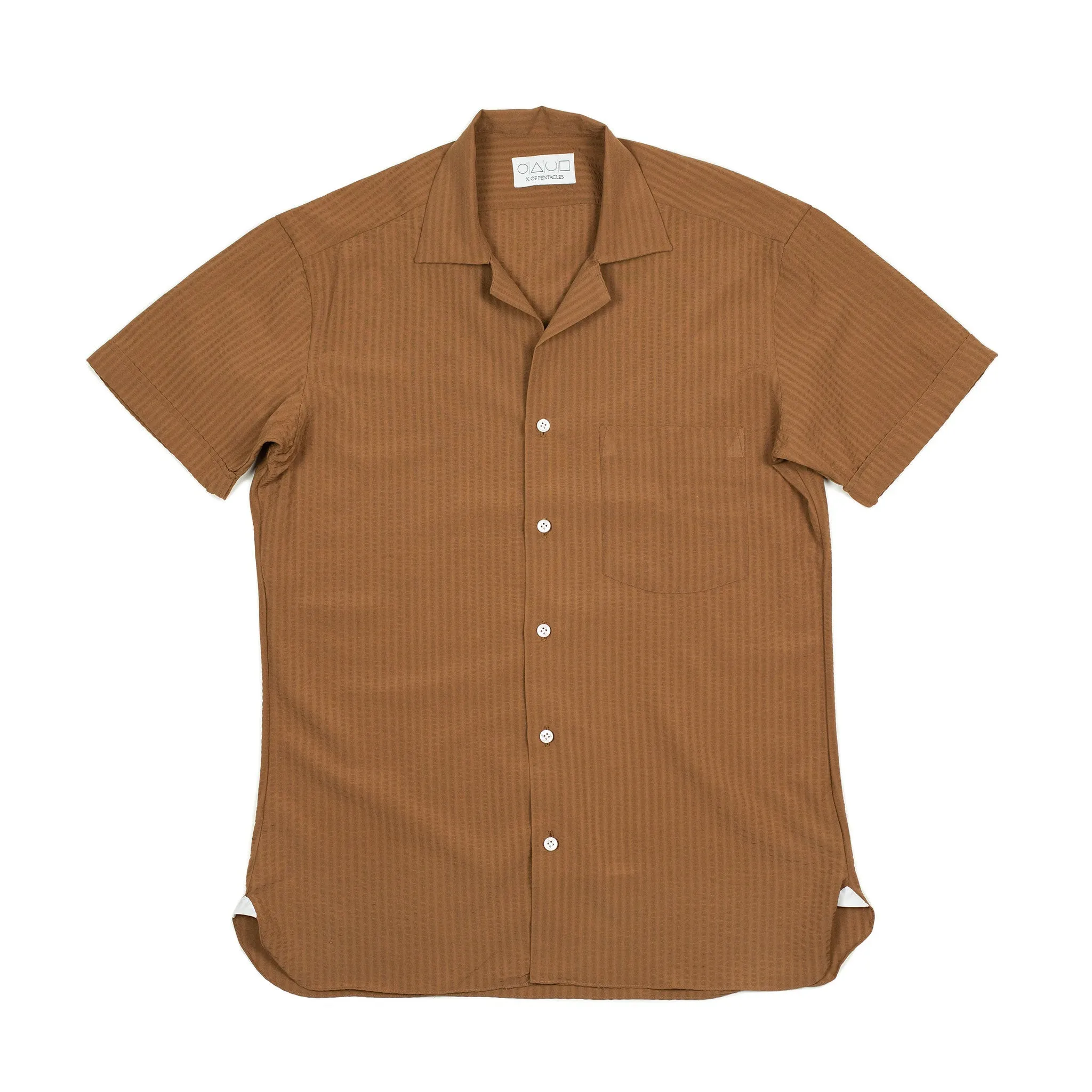 Resort camp shirt in tobacco tropical wool seersucker