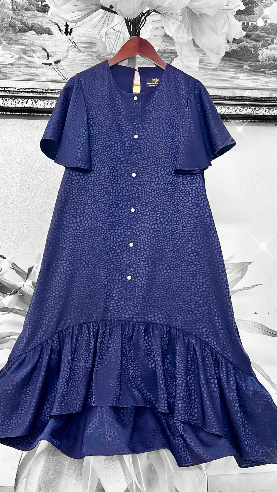 Ruffle High Low Tunic Dress In Navy Blue