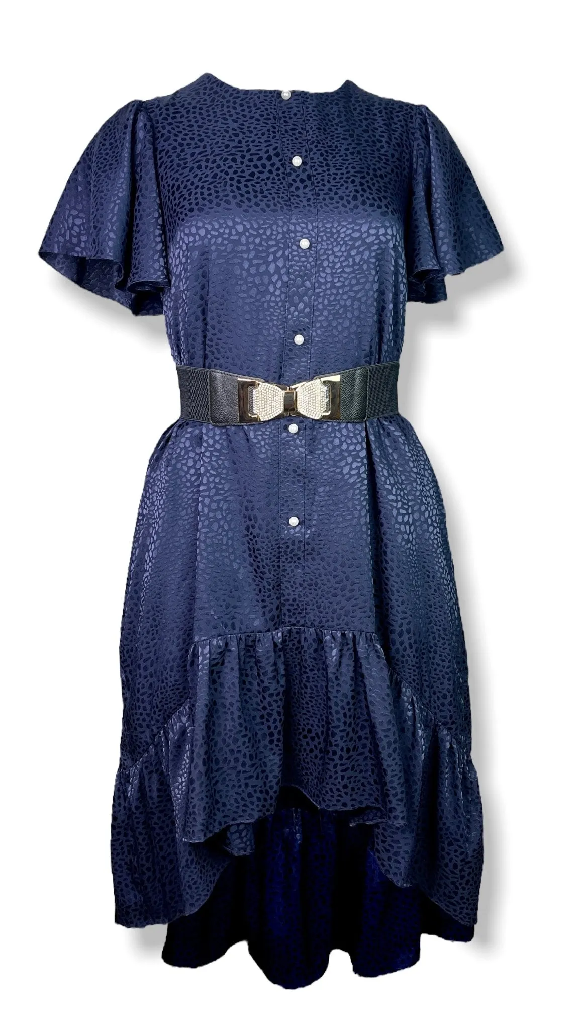 Ruffle High Low Tunic Dress In Navy Blue