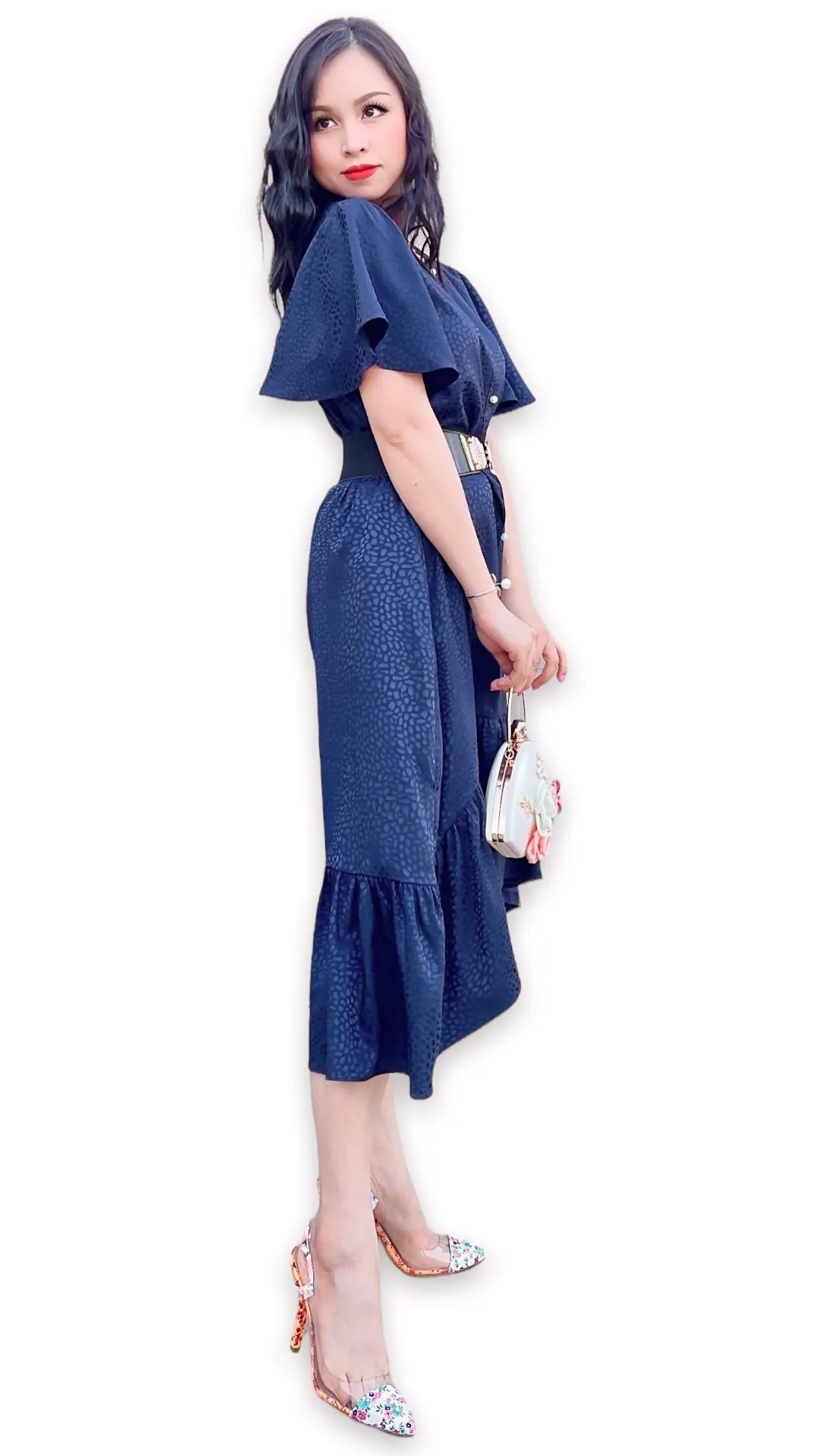 Ruffle High Low Tunic Dress In Navy Blue