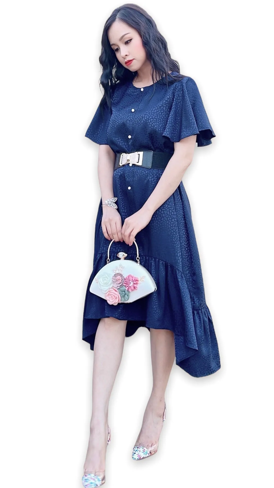 Ruffle High Low Tunic Dress In Navy Blue